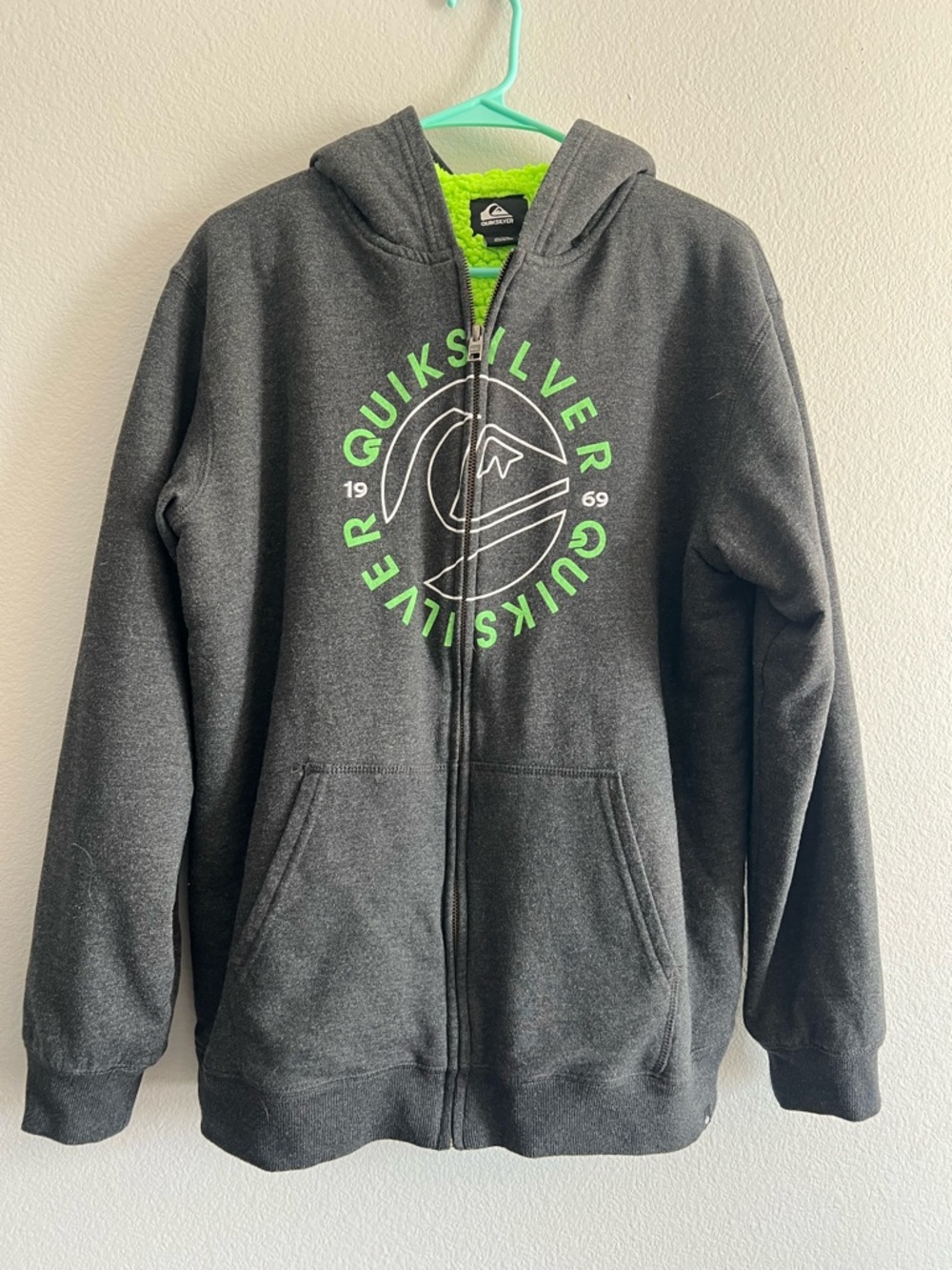 Vintage Men’s XL Quiksilver Charcoal Zip Hoodie with Neon Green Fleece Lining